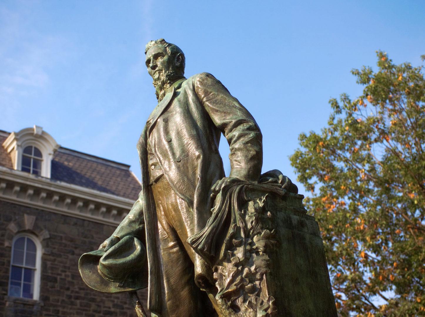 The statue of Ezra Cornell on the Arts Quad.