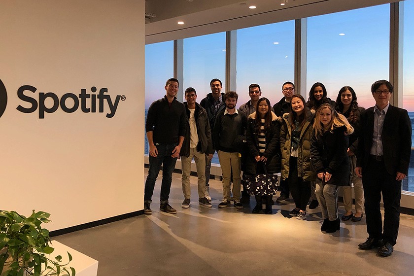 Several student members of the Cornell Media Guild visit Jordan Gremli '08, Head of Artist and Fan Development at Spotify.