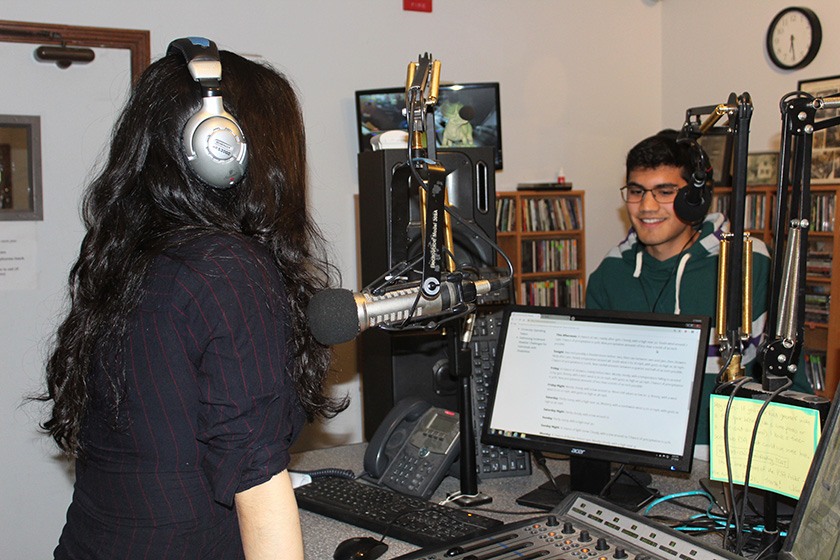 Veronica Perez '19, a WVBR DJ, and station general manager TJ Hurd '19 in the studio.