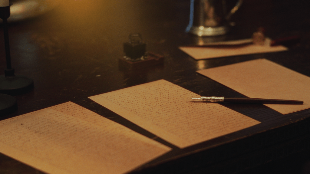 letters sitting on a desk at candle light with an antique pen